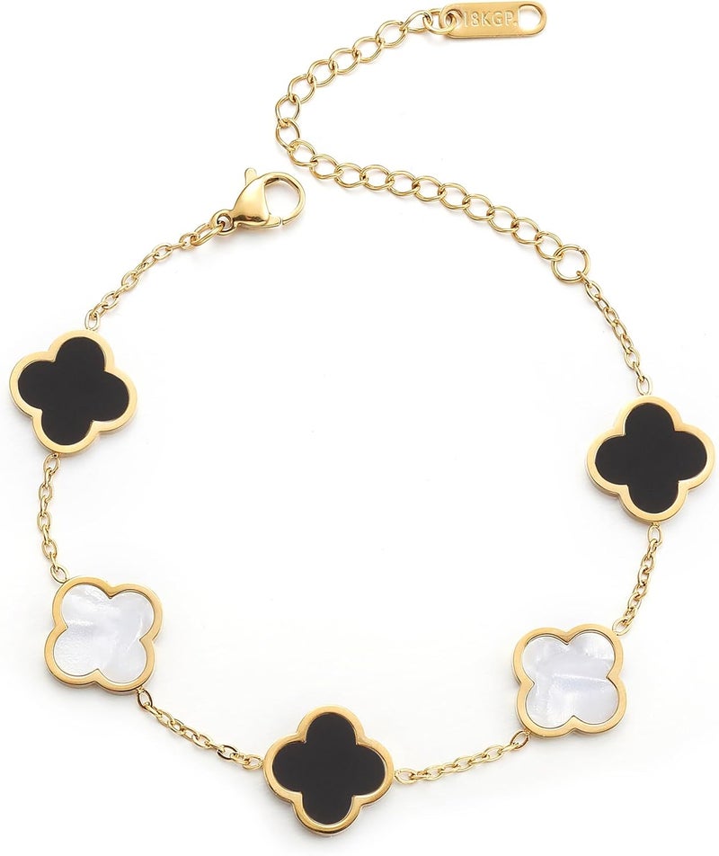 AIPPK 18K Gold Plated Clover Lucky Bracelet for Women White/Black/Red/Green Flower Four Leaf Link Bracelets Trendy Jewelry Gifts for Women - Image 1